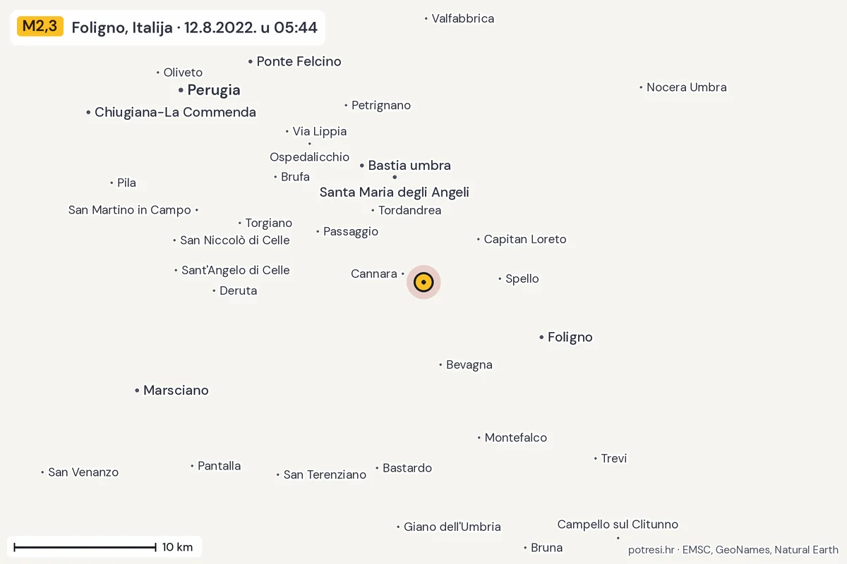 Karta: okolica epicentra, 60 km, potres M2,3, Foligno, Italija, 12.8.2022.