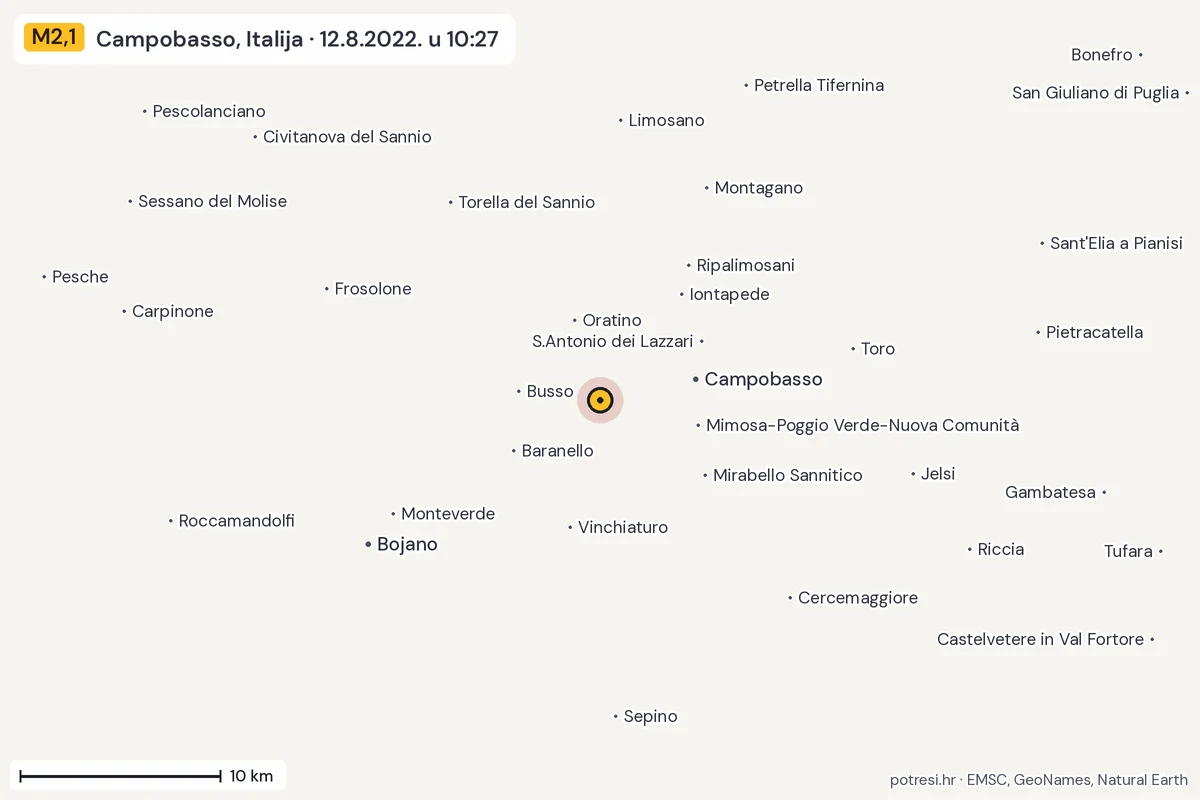 Karta: okolica epicentra, 60 km, potres M2,1, Campobasso, Italija, 12.8.2022.