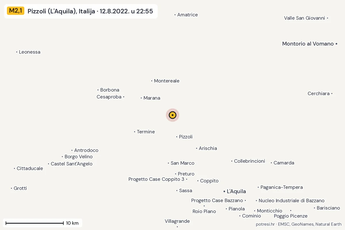 Karta: okolica epicentra, 60 km, potres M2,1, Pizzoli (L'Aquila), Italija, 12.8.2022.