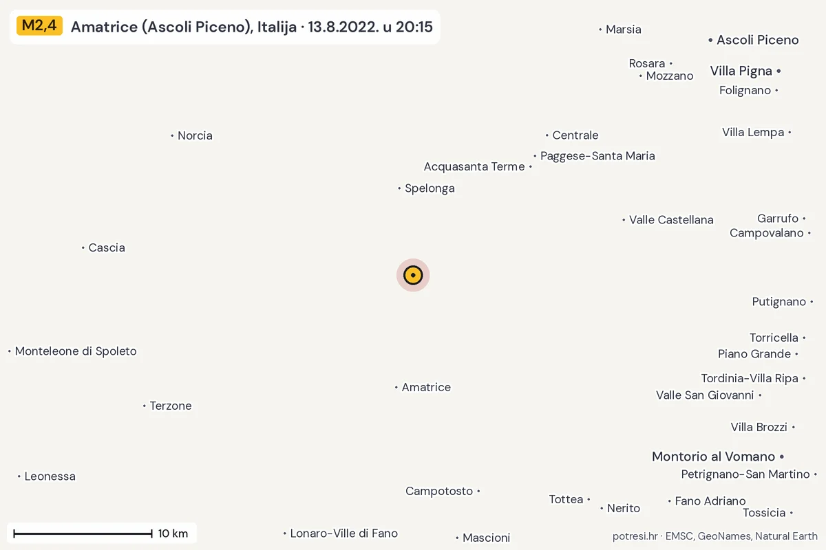 Karta: okolica epicentra, 60 km, potres M2,4, Amatrice (Ascoli Piceno), Italija, 13.8.2022.