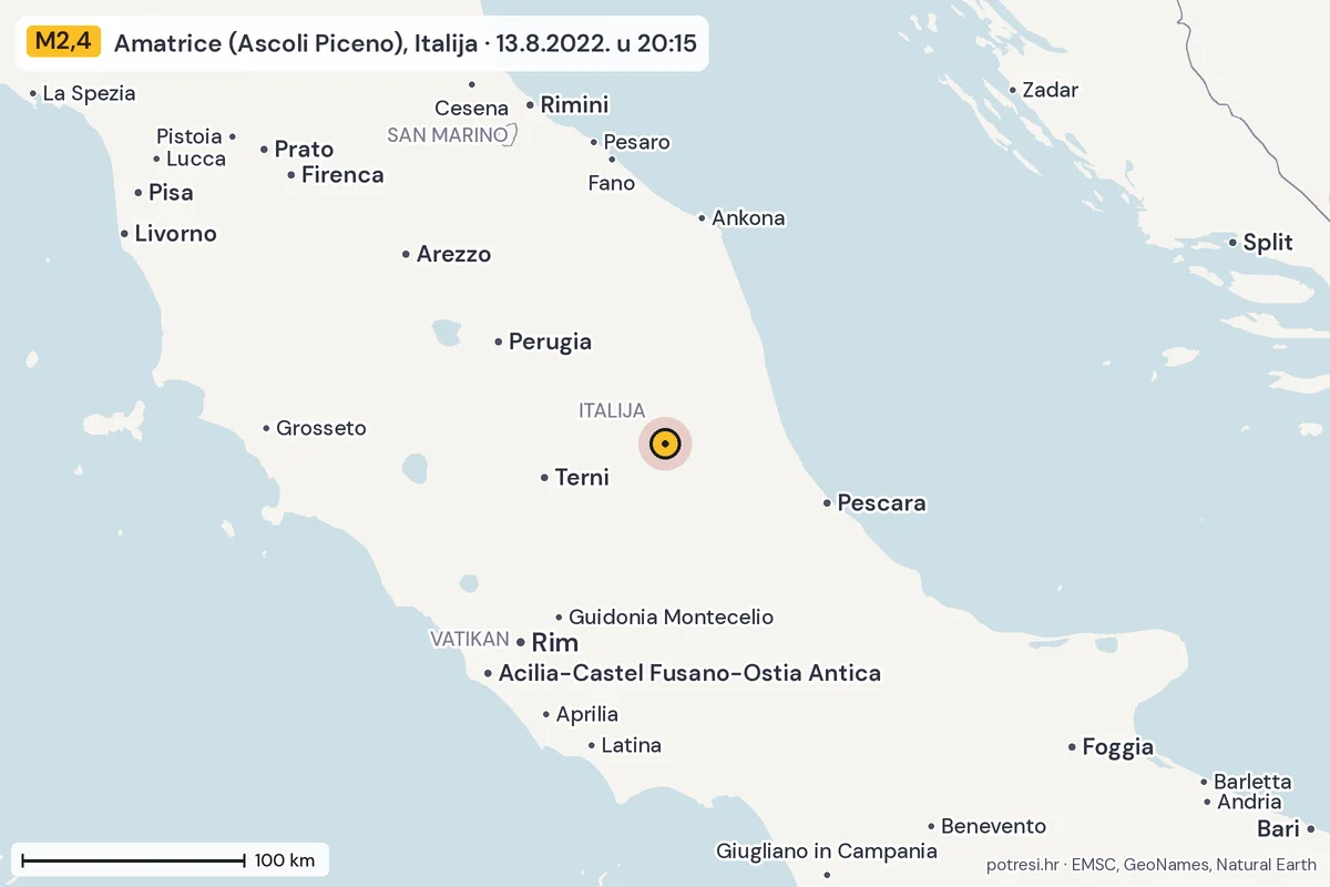 Karta: šire područje, 600 km, potres M2,4, Amatrice (Ascoli Piceno), Italija, 13.8.2022.