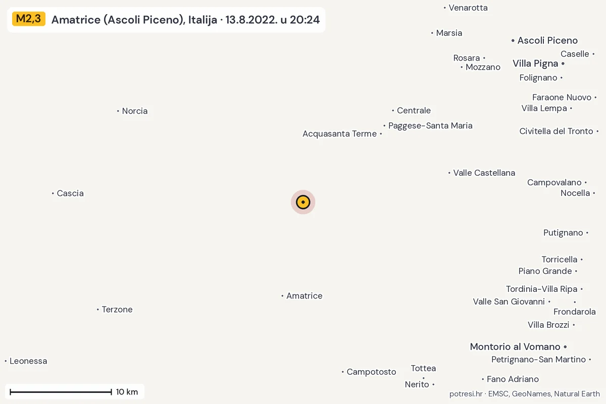 Karta: okolica epicentra, 60 km, potres M2,3, Amatrice (Ascoli Piceno), Italija, 13.8.2022.
