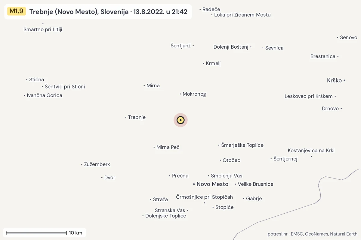 Karta: okolica epicentra, 60 km, potres M1,9, Trebnje (Novo Mesto), Slovenija, 13.8.2022.