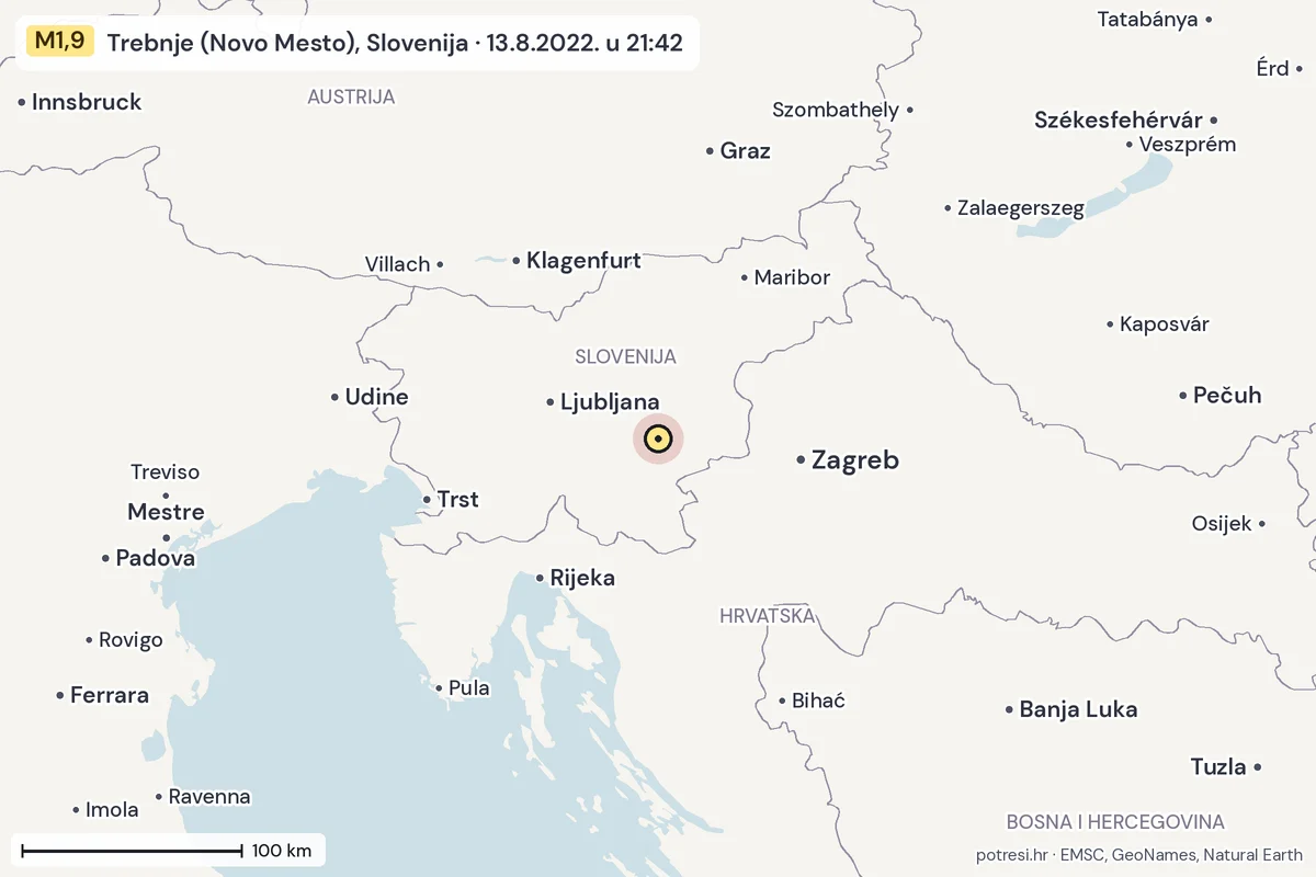 Karta: šire područje, 600 km, potres M1,9, Trebnje (Novo Mesto), Slovenija, 13.8.2022.