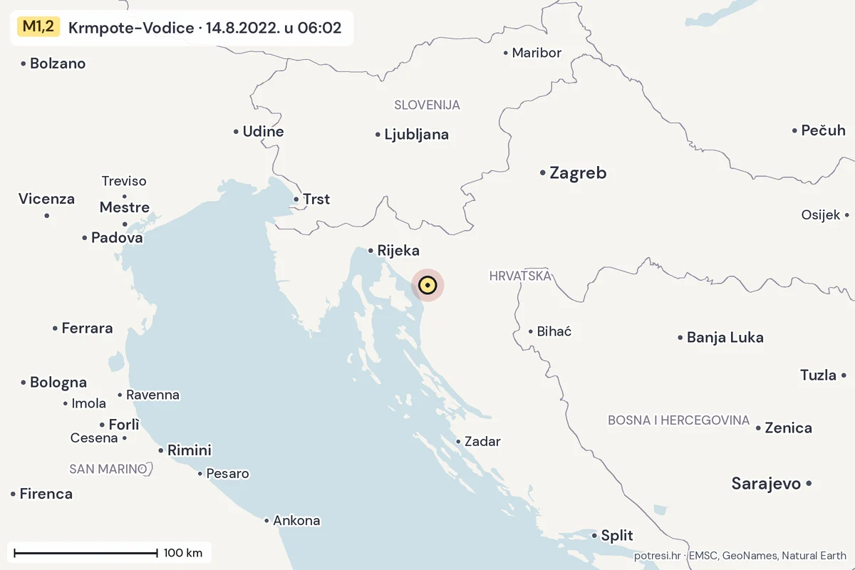 Karta: šire područje, 600 km, potres M1,2, Krmpote-Vodice, 14.8.2022.