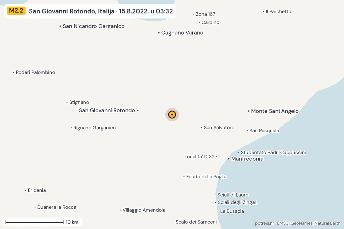 Karta: okolica epicentra, 60 km, potres M2,2, San Giovanni Rotondo, Italija, 15.8.2022.