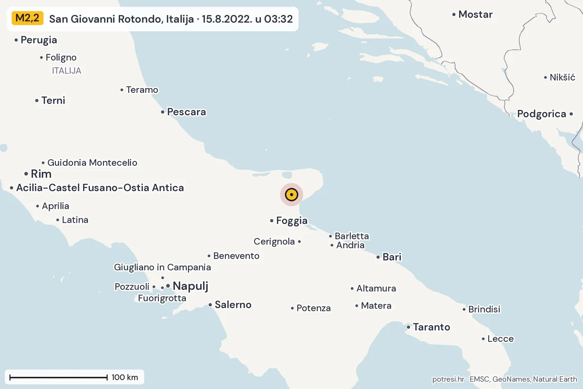 Karta: šire područje, 600 km, potres M2,2, San Giovanni Rotondo, Italija, 15.8.2022.
