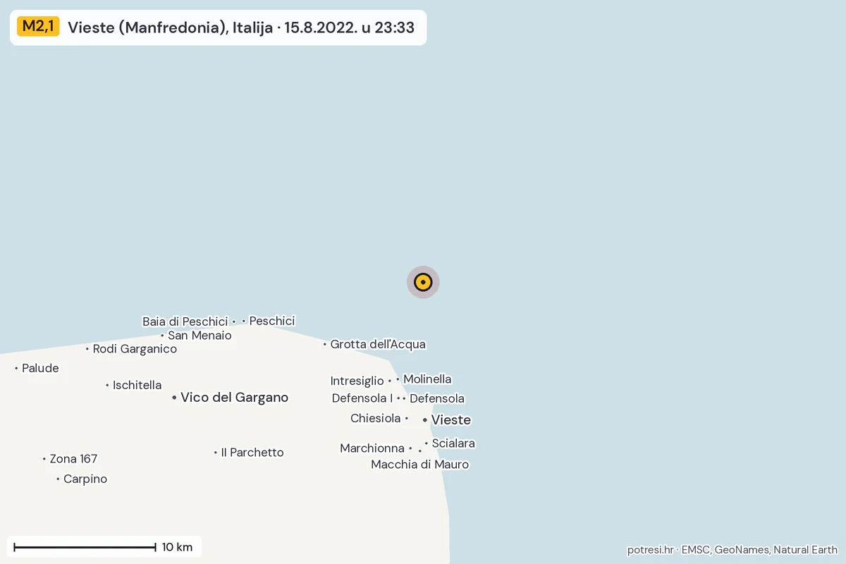 Karta: okolica epicentra, 60 km, potres M2,1, Vieste (Manfredonia), Italija, 15.8.2022.