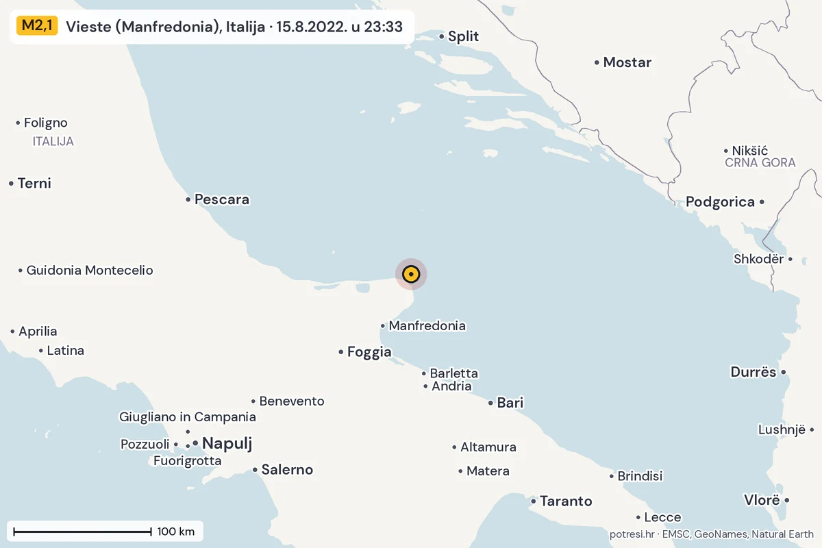 Karta: šire područje, 600 km, potres M2,1, Vieste (Manfredonia), Italija, 15.8.2022.