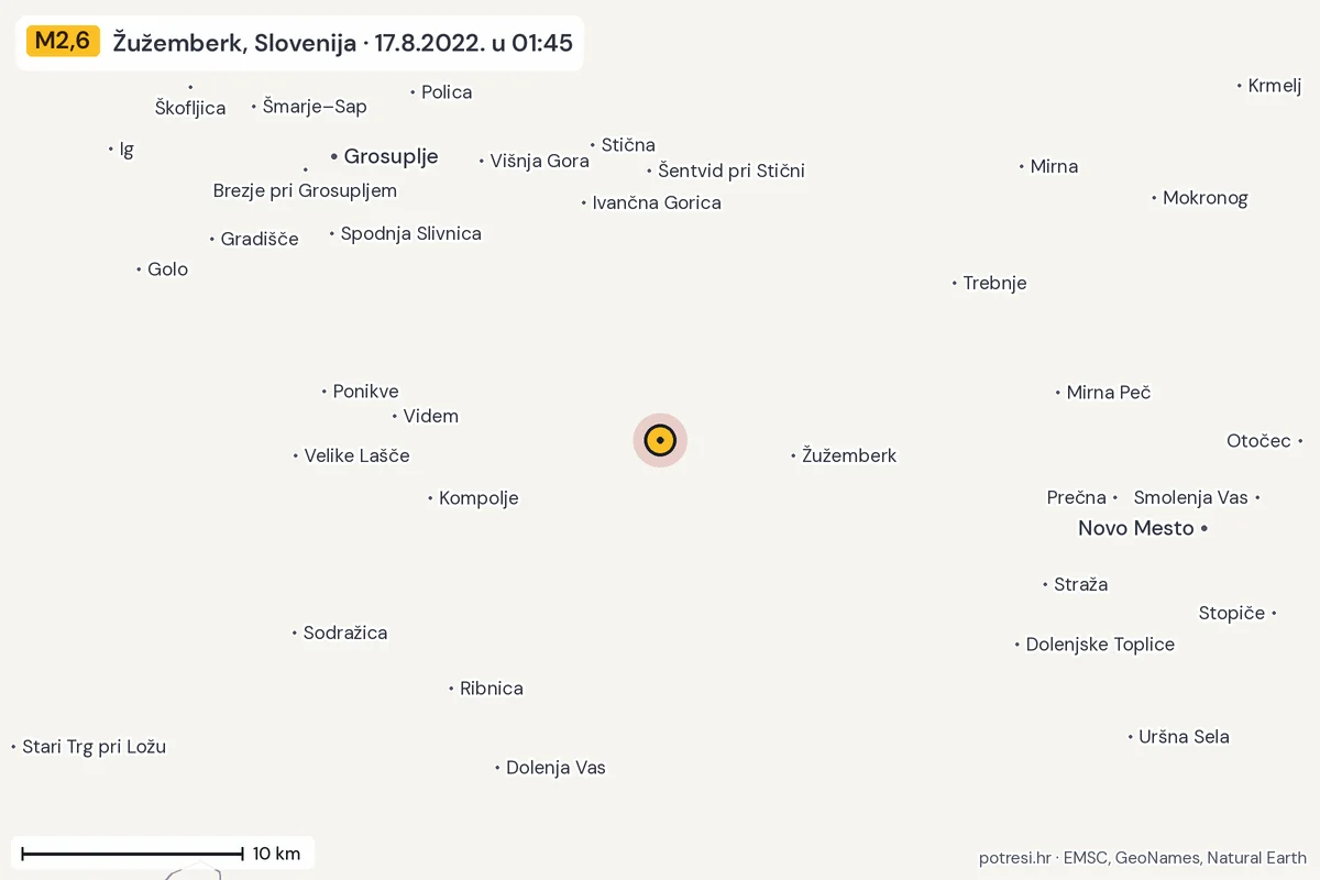 Karta: okolica epicentra, 60 km, potres M2,6, Žužemberk, Slovenija, 17.8.2022.