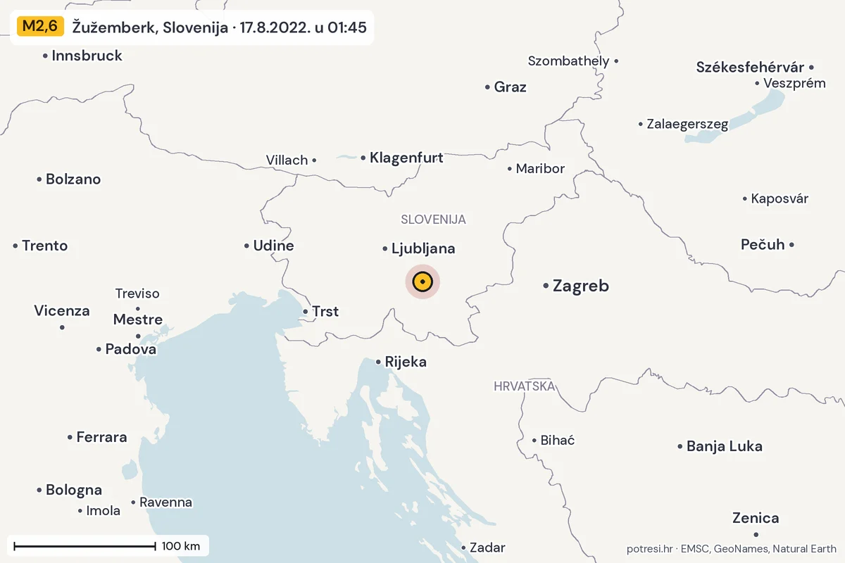 Karta: šire područje, 600 km, potres M2,6, Žužemberk, Slovenija, 17.8.2022.