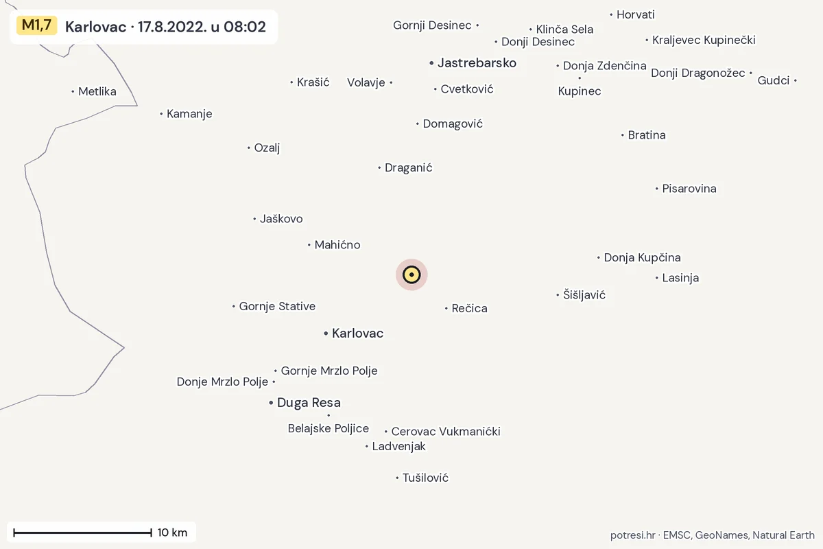 Karta: okolica epicentra, 60 km, potres M1,7, Karlovac, 17.8.2022.