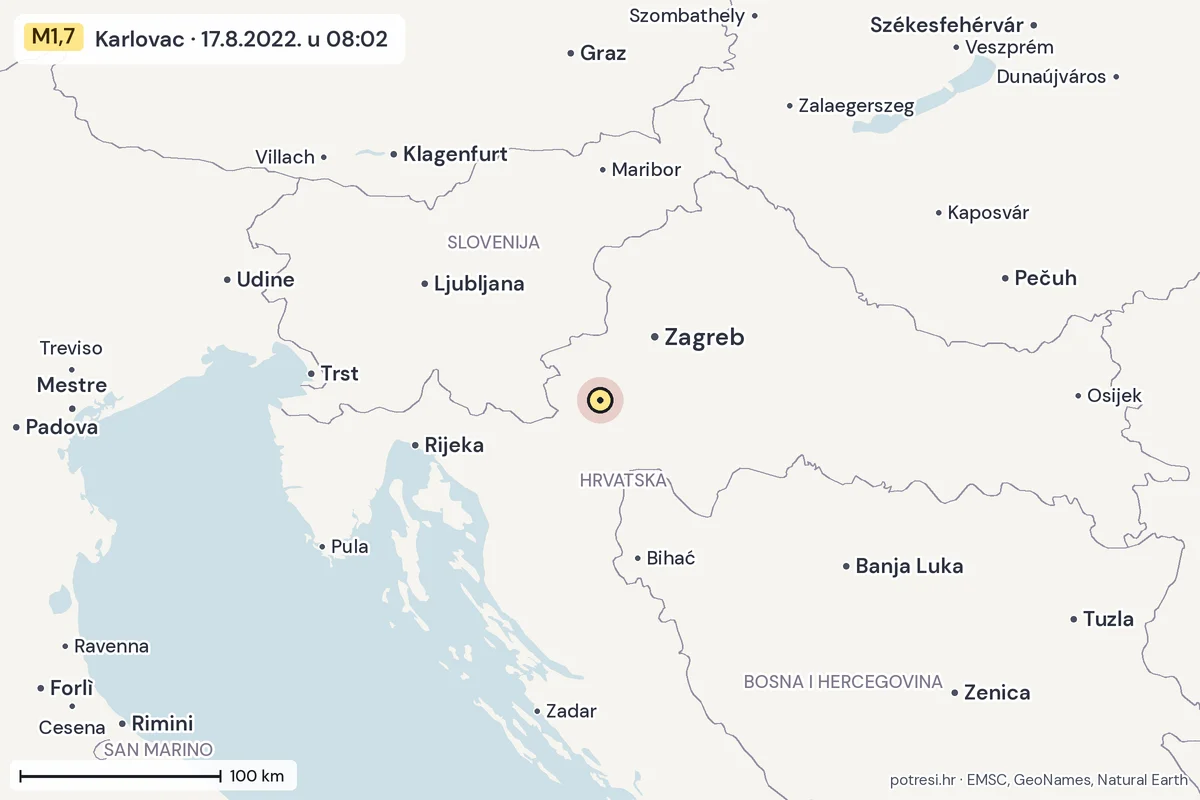 Karta: šire područje, 600 km, potres M1,7, Karlovac, 17.8.2022.