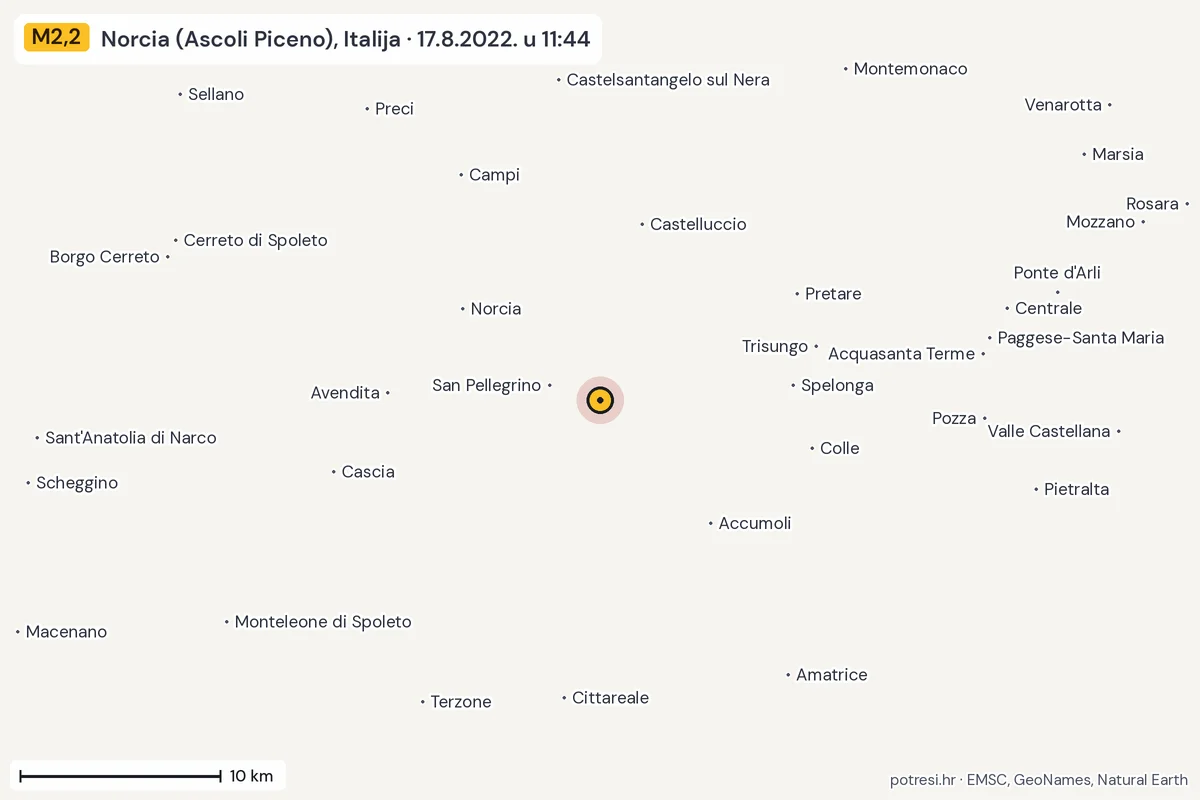 Karta: okolica epicentra, 60 km, potres M2,2, Norcia (Ascoli Piceno), Italija, 17.8.2022.