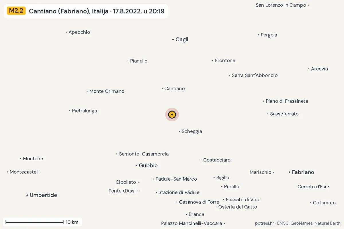 Karta: okolica epicentra, 60 km, potres M2,2, Cantiano (Fabriano), Italija, 17.8.2022.