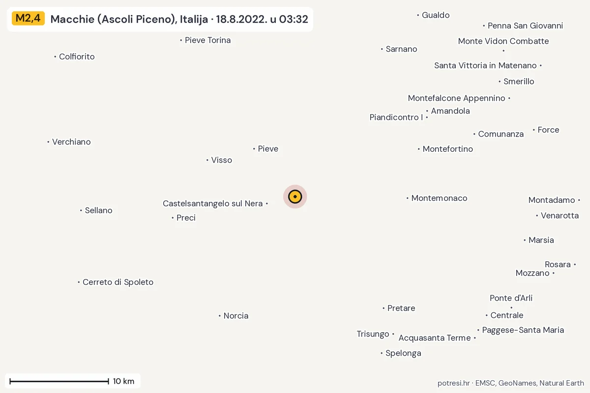 Karta: okolica epicentra, 60 km, potres M2,4, Macchie (Ascoli Piceno), Italija, 18.8.2022.