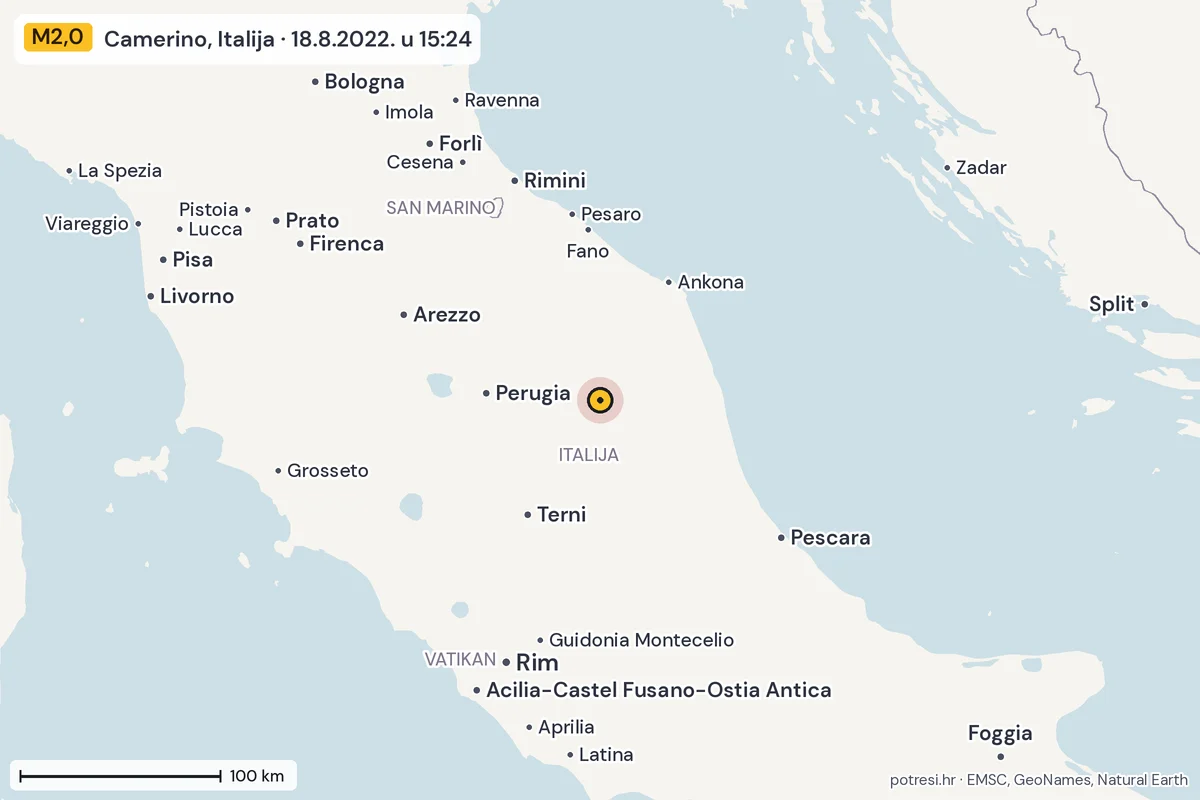 Karta: šire područje, 600 km, potres M2,0, Camerino, Italija, 18.8.2022.