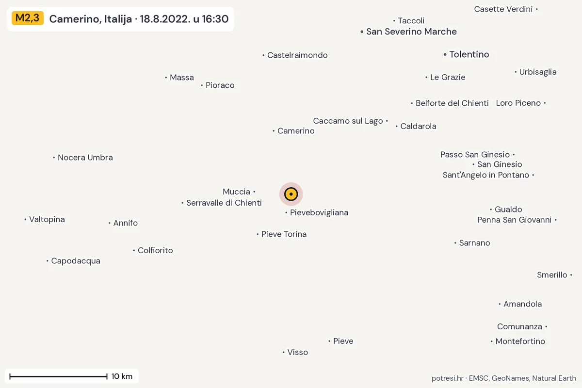 Karta: okolica epicentra, 60 km, potres M2,3, Camerino, Italija, 18.8.2022.