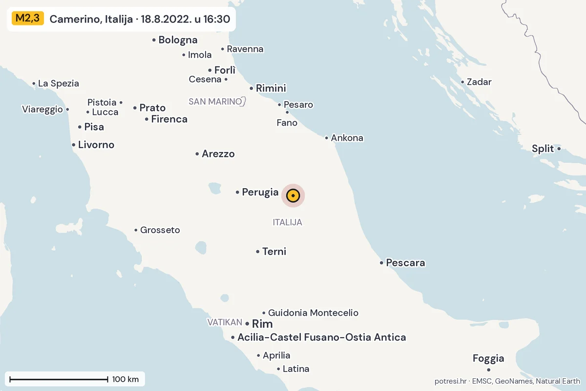 Karta: šire područje, 600 km, potres M2,3, Camerino, Italija, 18.8.2022.