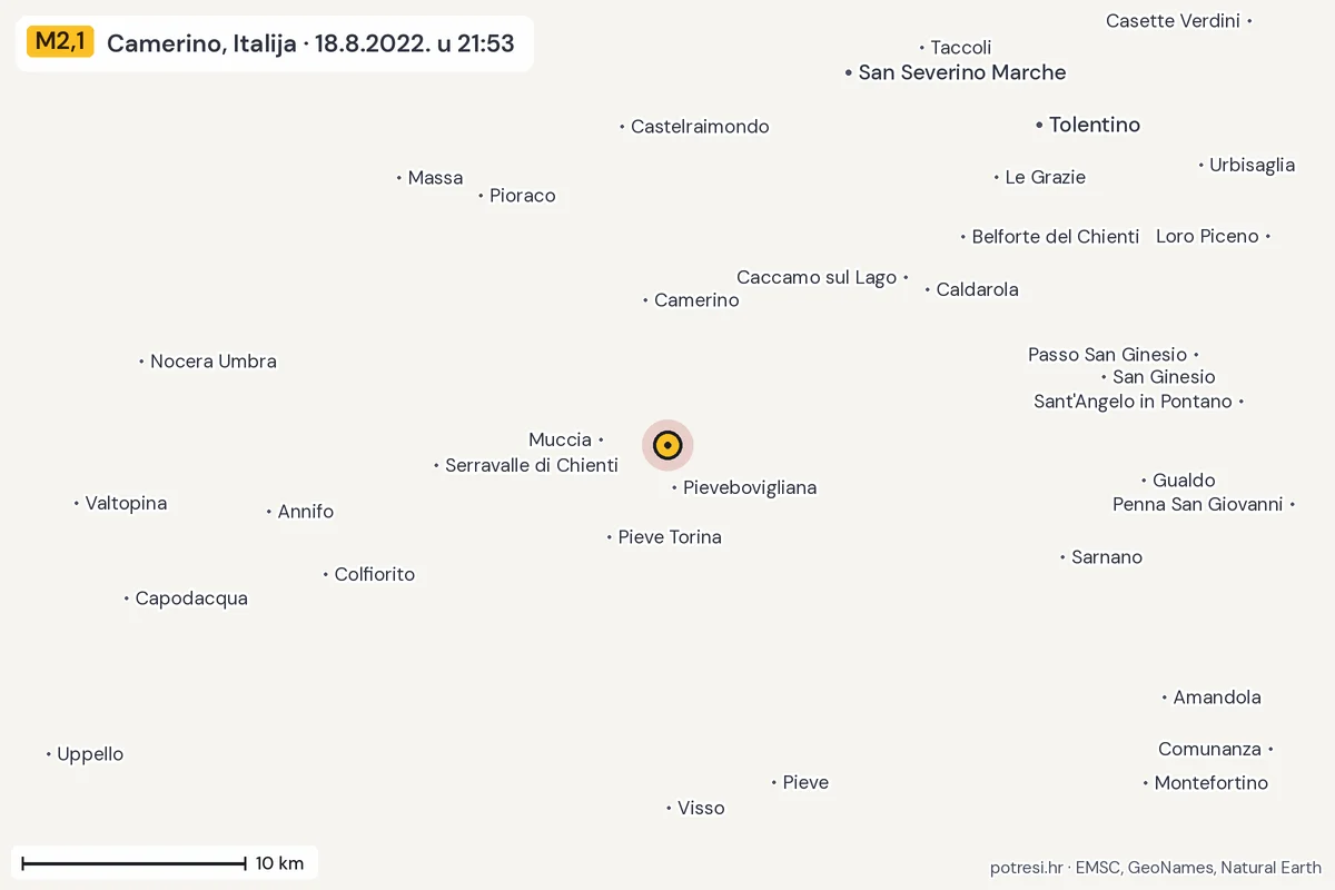 Karta: okolica epicentra, 60 km, potres M2,1, Camerino, Italija, 18.8.2022.