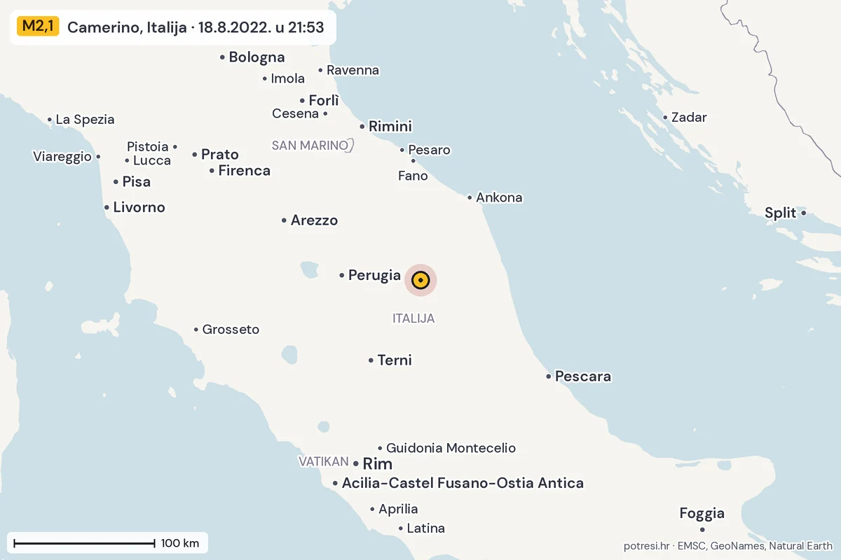 Karta: šire područje, 600 km, potres M2,1, Camerino, Italija, 18.8.2022.