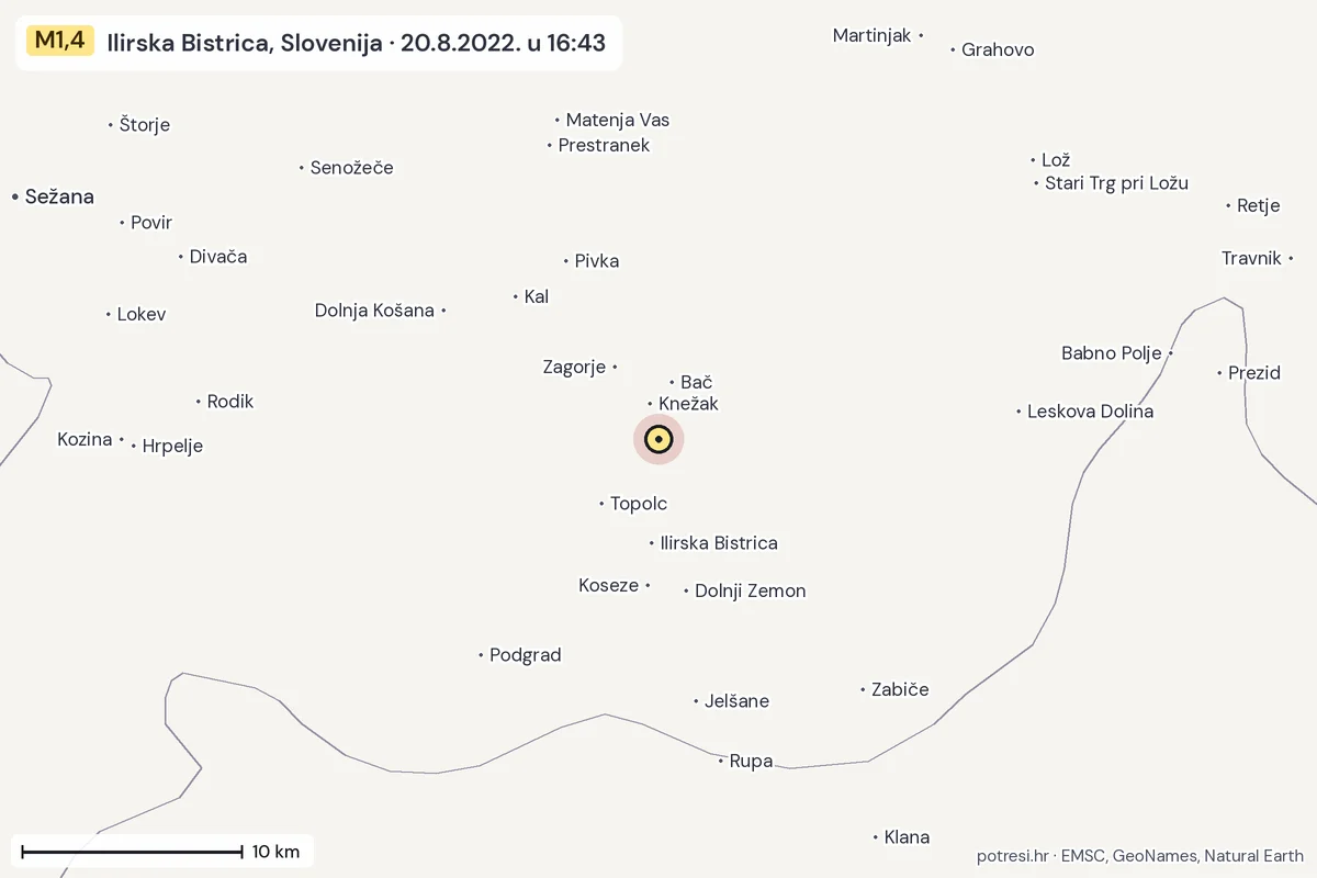 Karta: okolica epicentra, 60 km, potres M1,4, Ilirska Bistrica, Slovenija, 20.8.2022.
