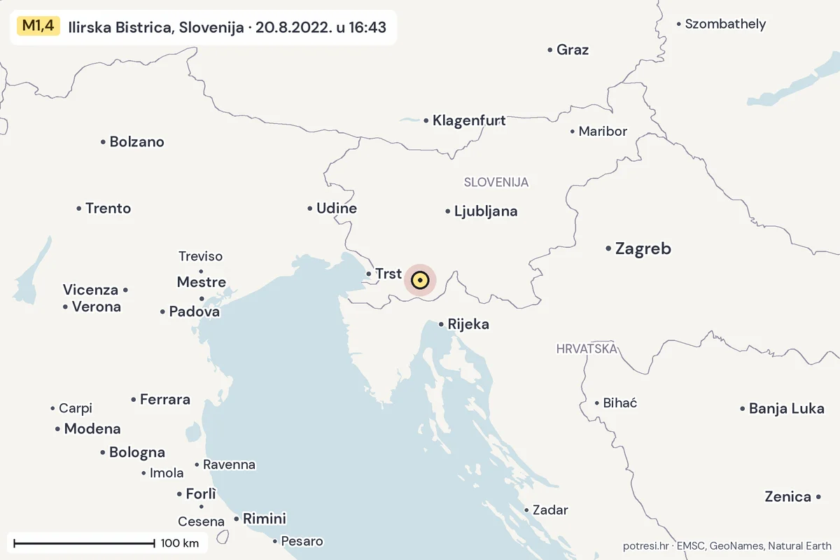 Karta: šire područje, 600 km, potres M1,4, Ilirska Bistrica, Slovenija, 20.8.2022.