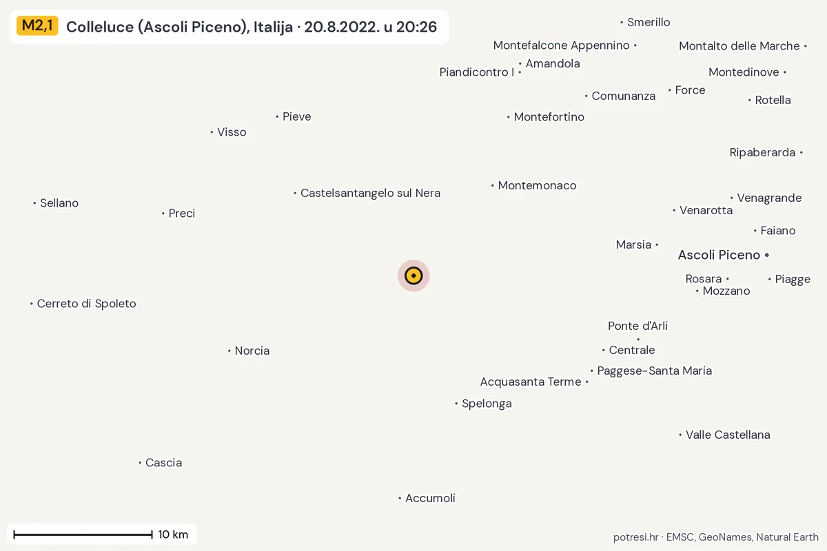 Karta: okolica epicentra, 60 km, potres M2,1, Colleluce (Ascoli Piceno), Italija, 20.8.2022.