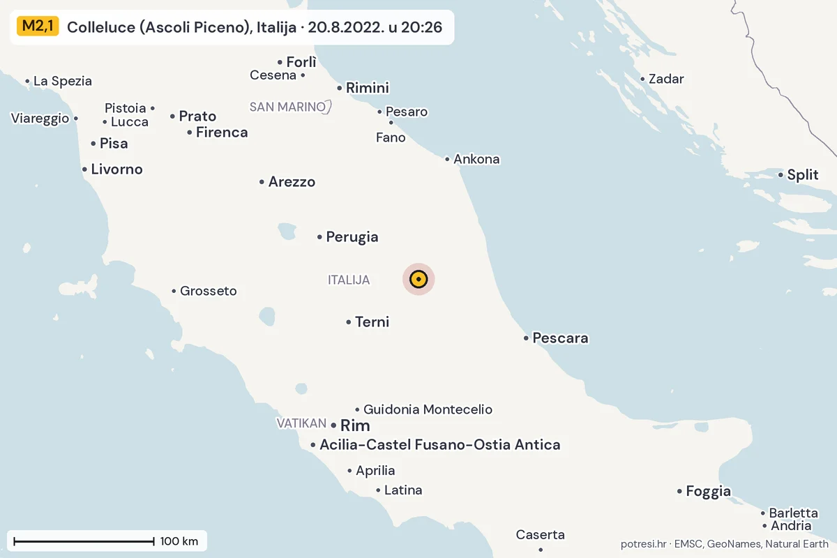 Karta: šire područje, 600 km, potres M2,1, Colleluce (Ascoli Piceno), Italija, 20.8.2022.