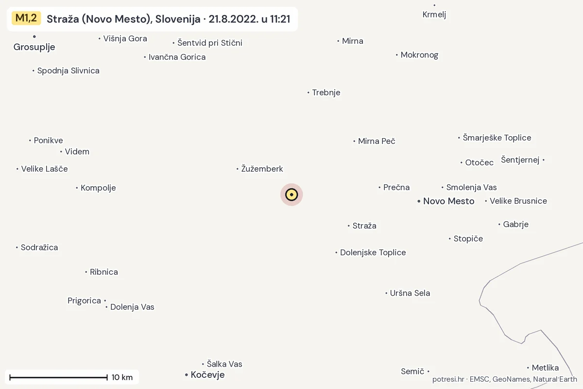Karta: okolica epicentra, 60 km, potres M1,2, Straža (Novo Mesto), Slovenija, 21.8.2022.