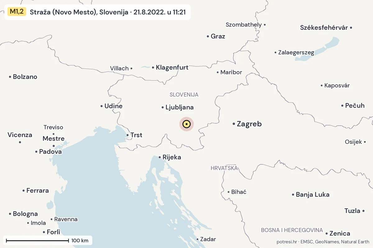 Karta: šire područje, 600 km, potres M1,2, Straža (Novo Mesto), Slovenija, 21.8.2022.