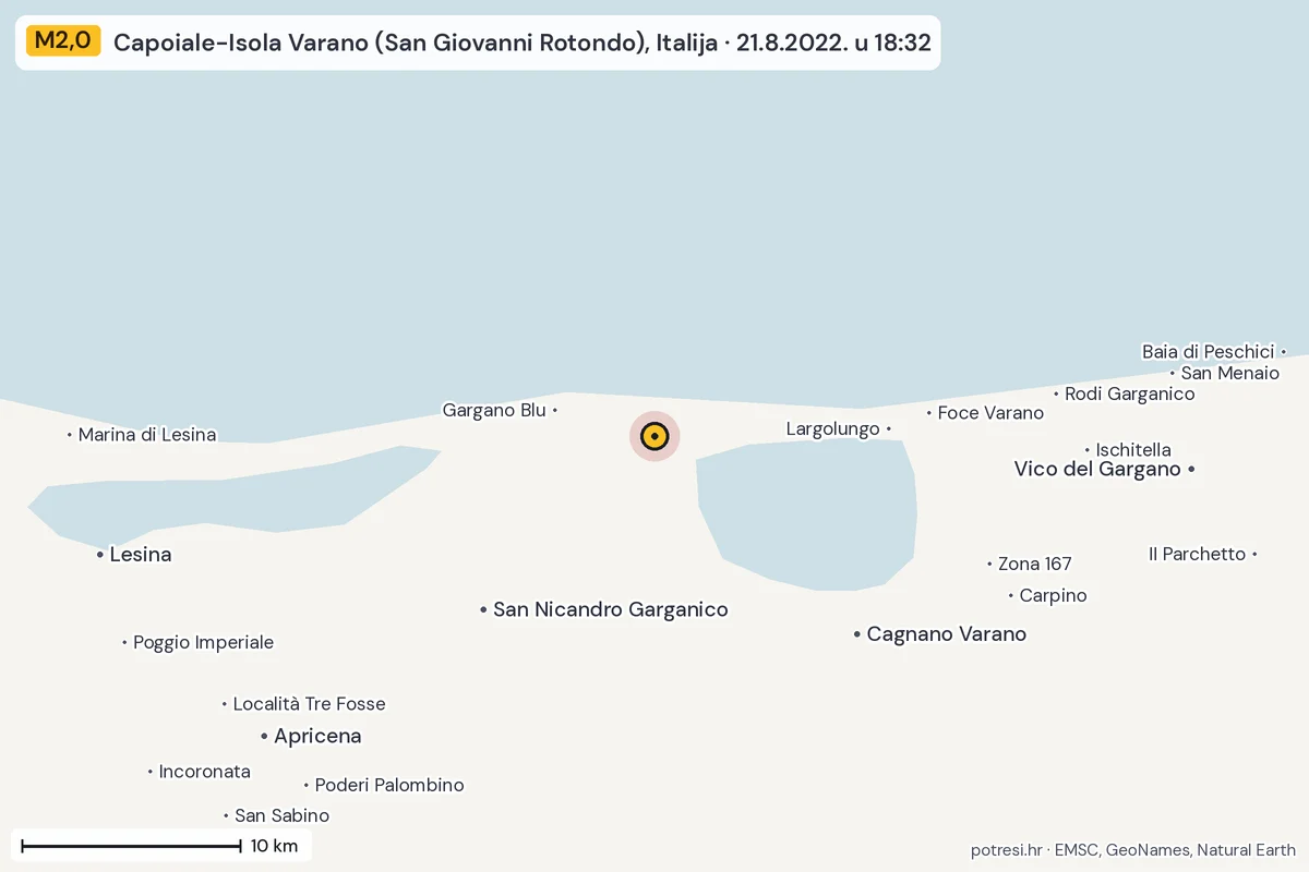 Karta: okolica epicentra, 60 km, potres M2,0, Capoiale-Isola Varano (San Giovanni Rotondo), Italija, 21.8.2022.