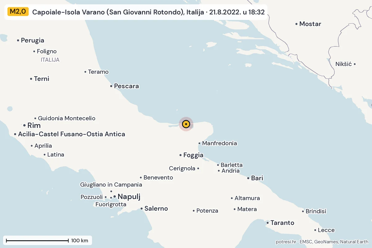 Karta: šire područje, 600 km, potres M2,0, Capoiale-Isola Varano (San Giovanni Rotondo), Italija, 21.8.2022.