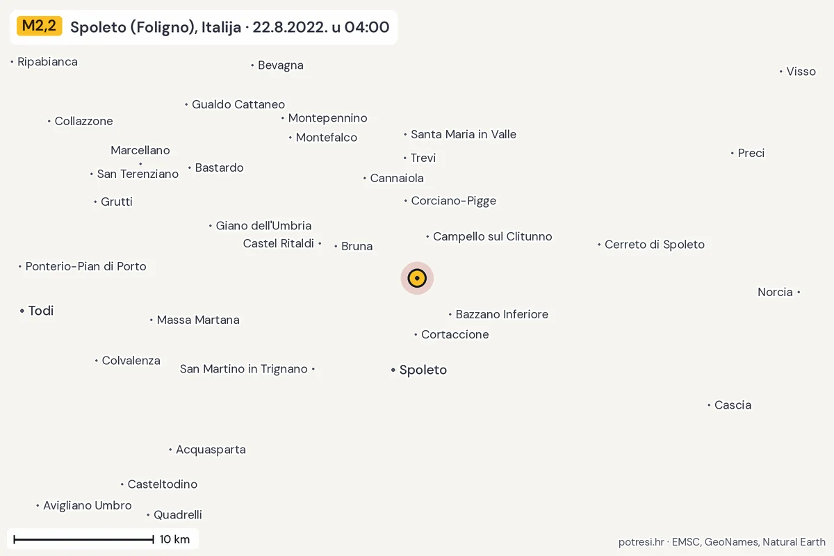 Karta: okolica epicentra, 60 km, potres M2,2, Spoleto (Foligno), Italija, 22.8.2022.