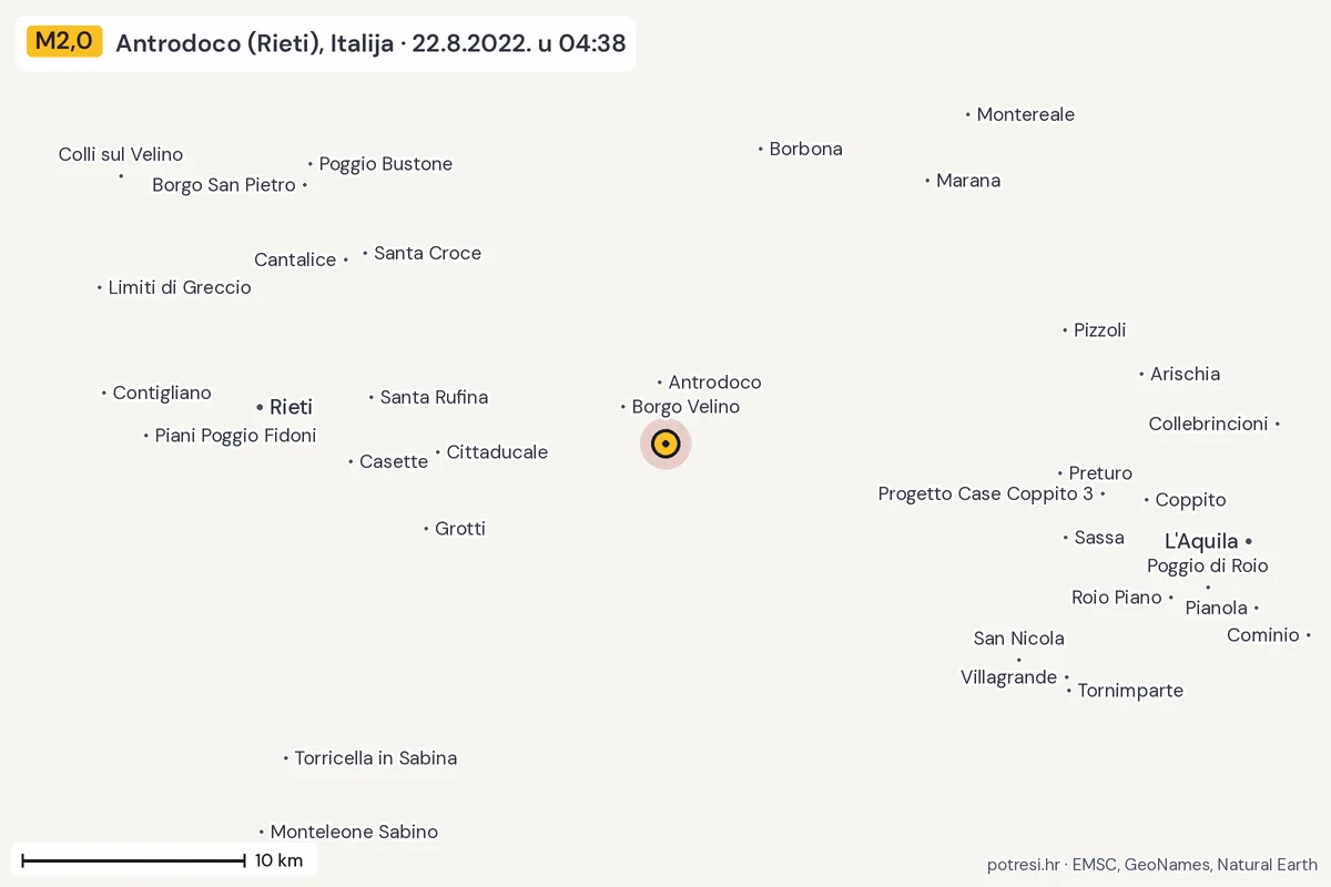 Karta: okolica epicentra, 60 km, potres M2,0, Antrodoco (Rieti), Italija, 22.8.2022.