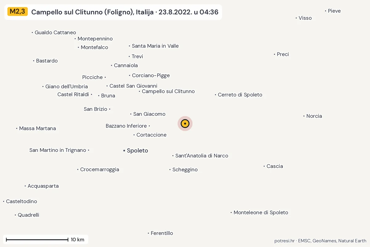 Karta: okolica epicentra, 60 km, potres M2,3, Campello sul Clitunno (Foligno), Italija, 23.8.2022.