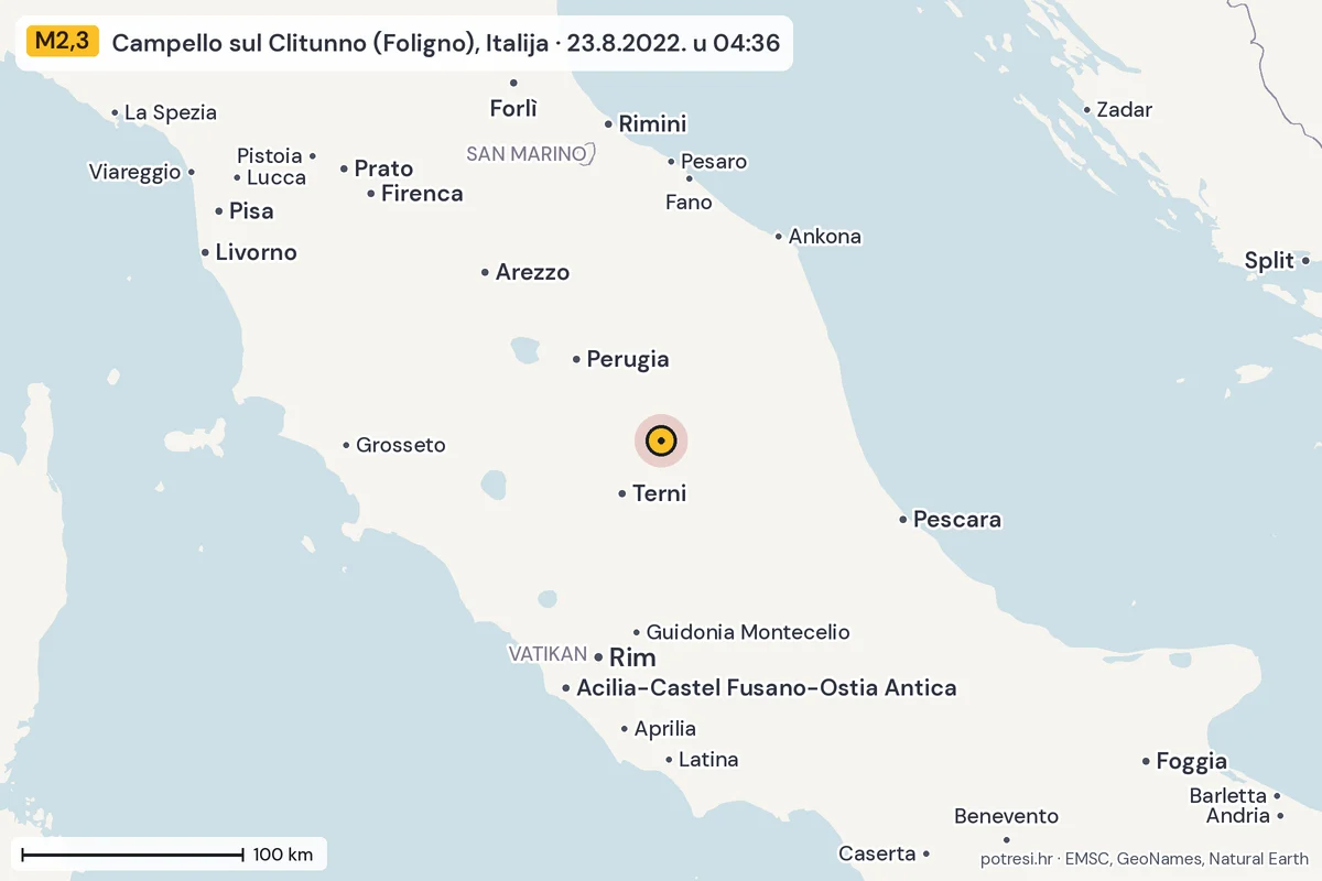 Karta: šire područje, 600 km, potres M2,3, Campello sul Clitunno (Foligno), Italija, 23.8.2022.
