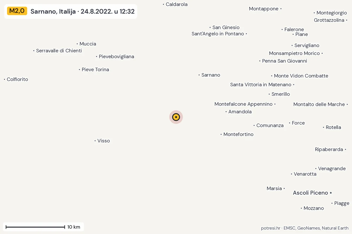 Karta: okolica epicentra, 60 km, potres M2,0, Sarnano, Italija, 24.8.2022.
