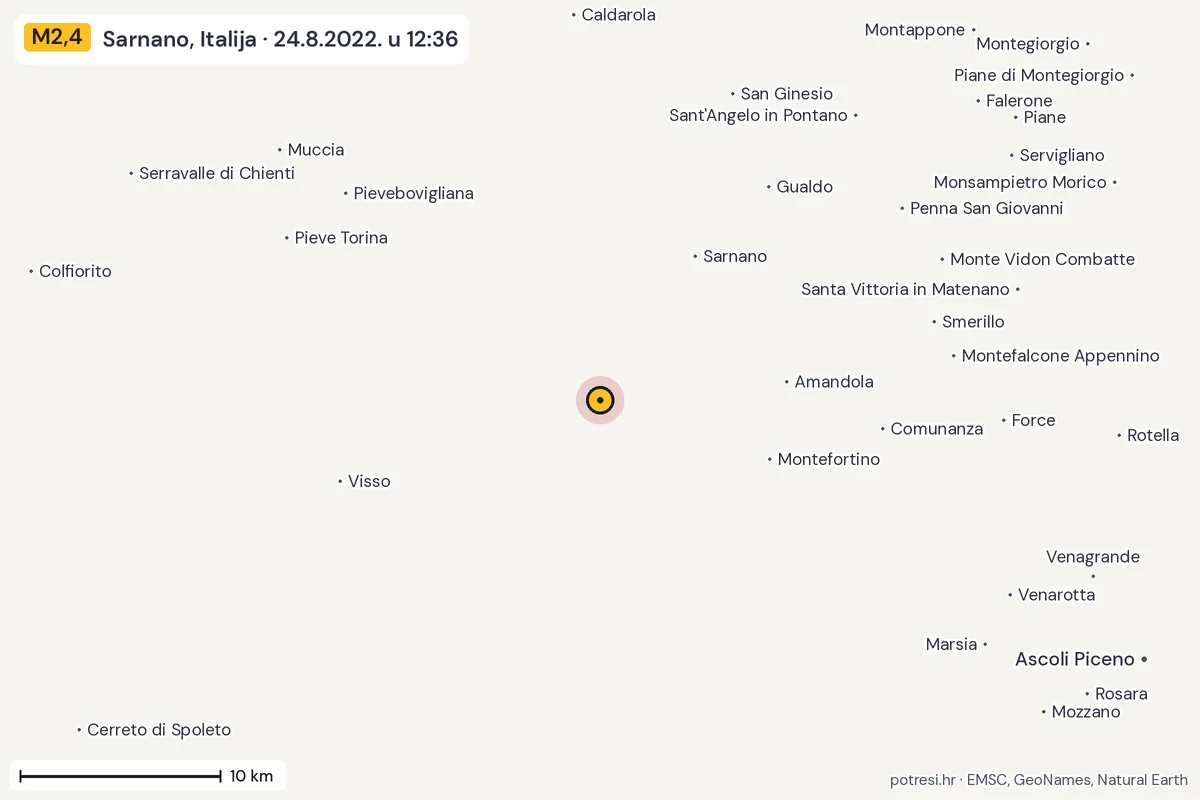 Karta: okolica epicentra, 60 km, potres M2,4, Sarnano, Italija, 24.8.2022.