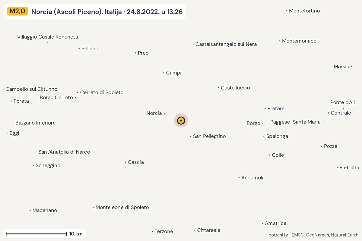 Karta: okolica epicentra, 60 km, potres M2,0, Norcia (Ascoli Piceno), Italija, 24.8.2022.