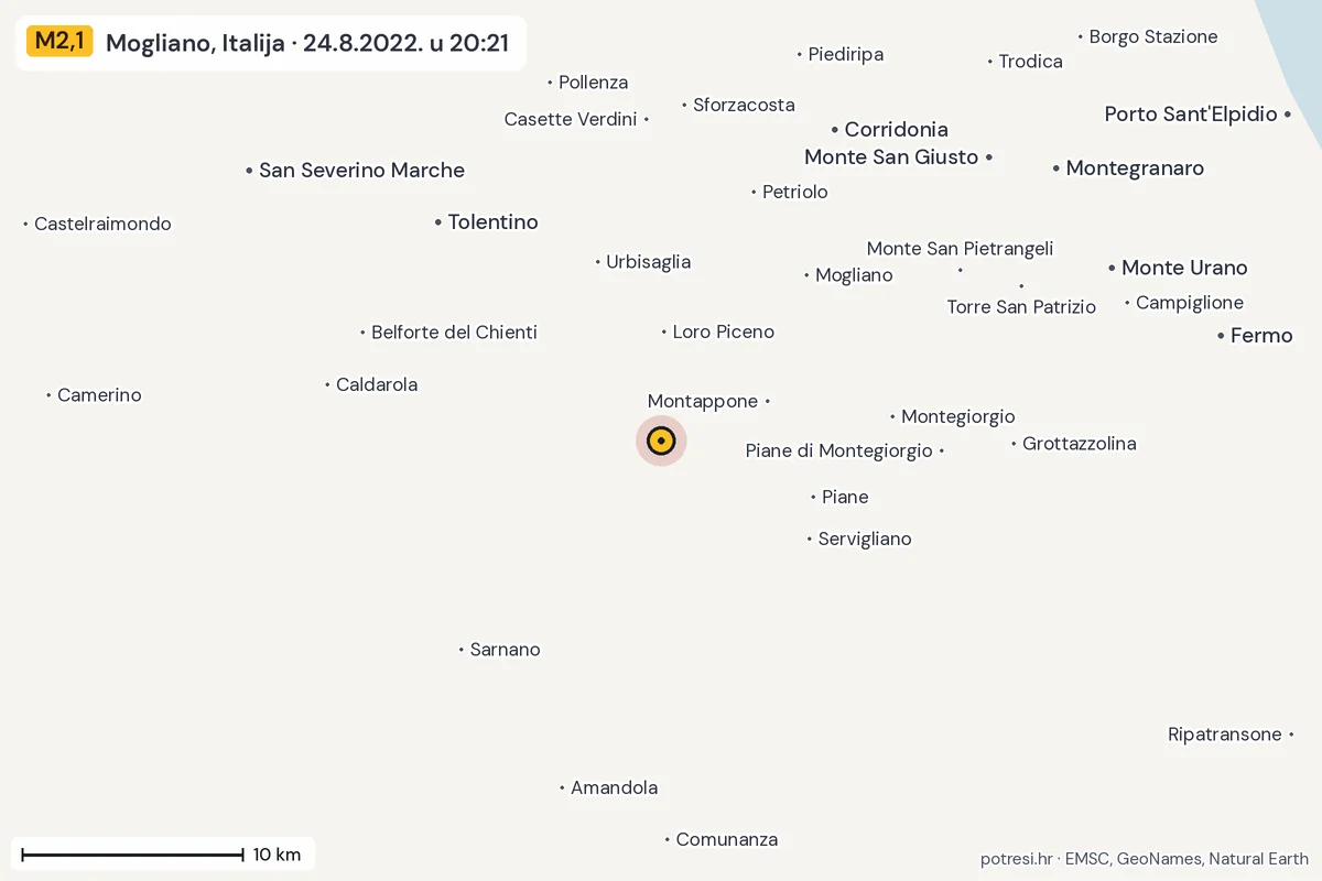 Karta: okolica epicentra, 60 km, potres M2,1, Mogliano, Italija, 24.8.2022.