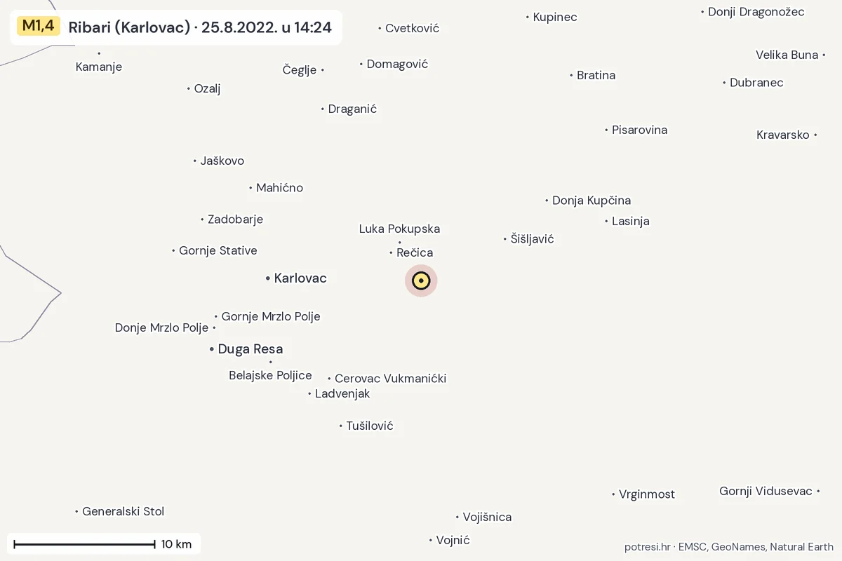 Karta: okolica epicentra, 60 km, potres M1,4, Ribari (Karlovac), 25.8.2022.