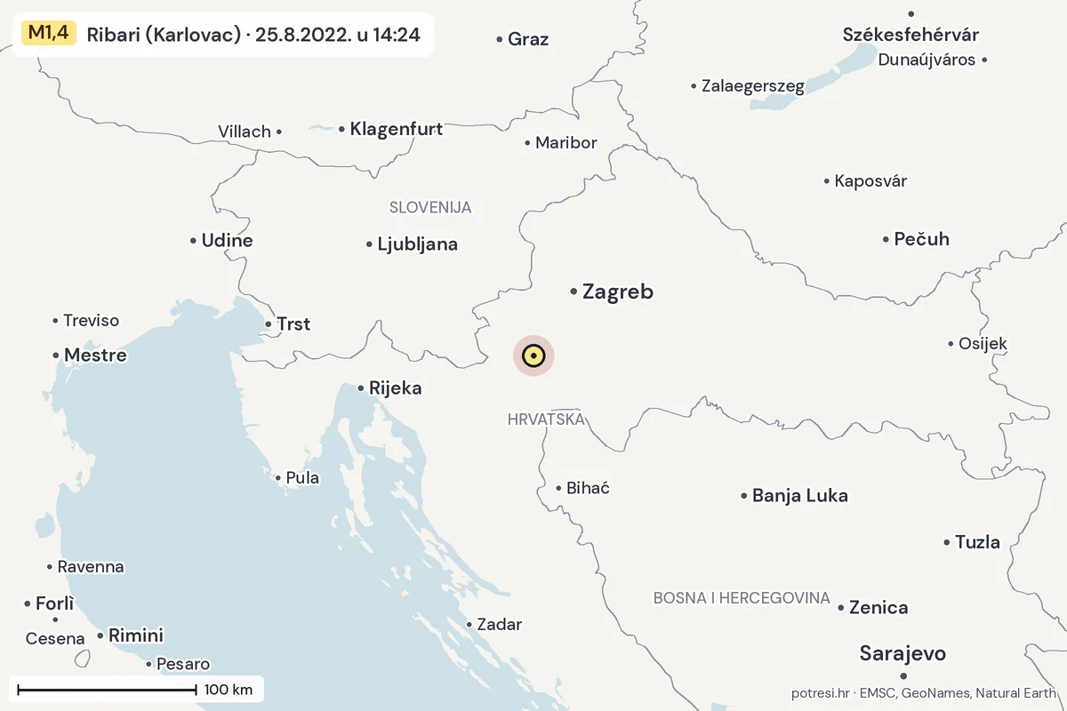 Karta: šire područje, 600 km, potres M1,4, Ribari (Karlovac), 25.8.2022.