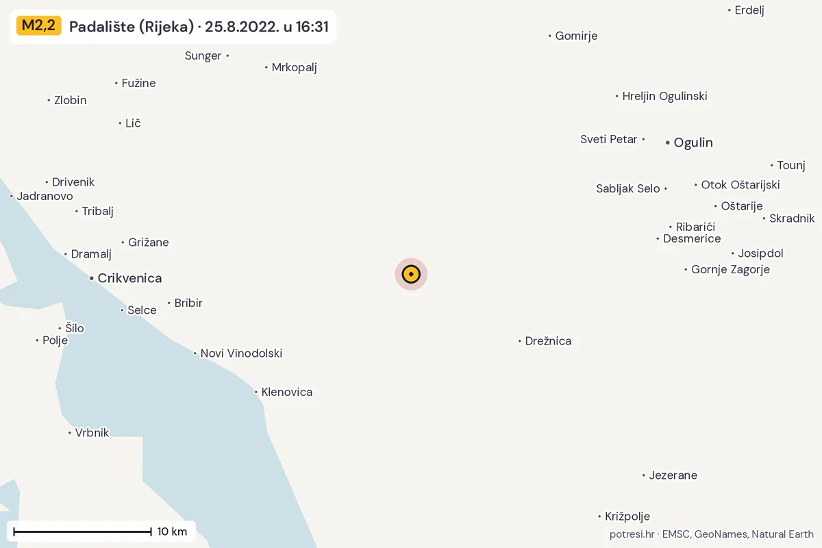 Karta: okolica epicentra, 60 km, potres M2,2, Padalište (Rijeka), 25.8.2022.