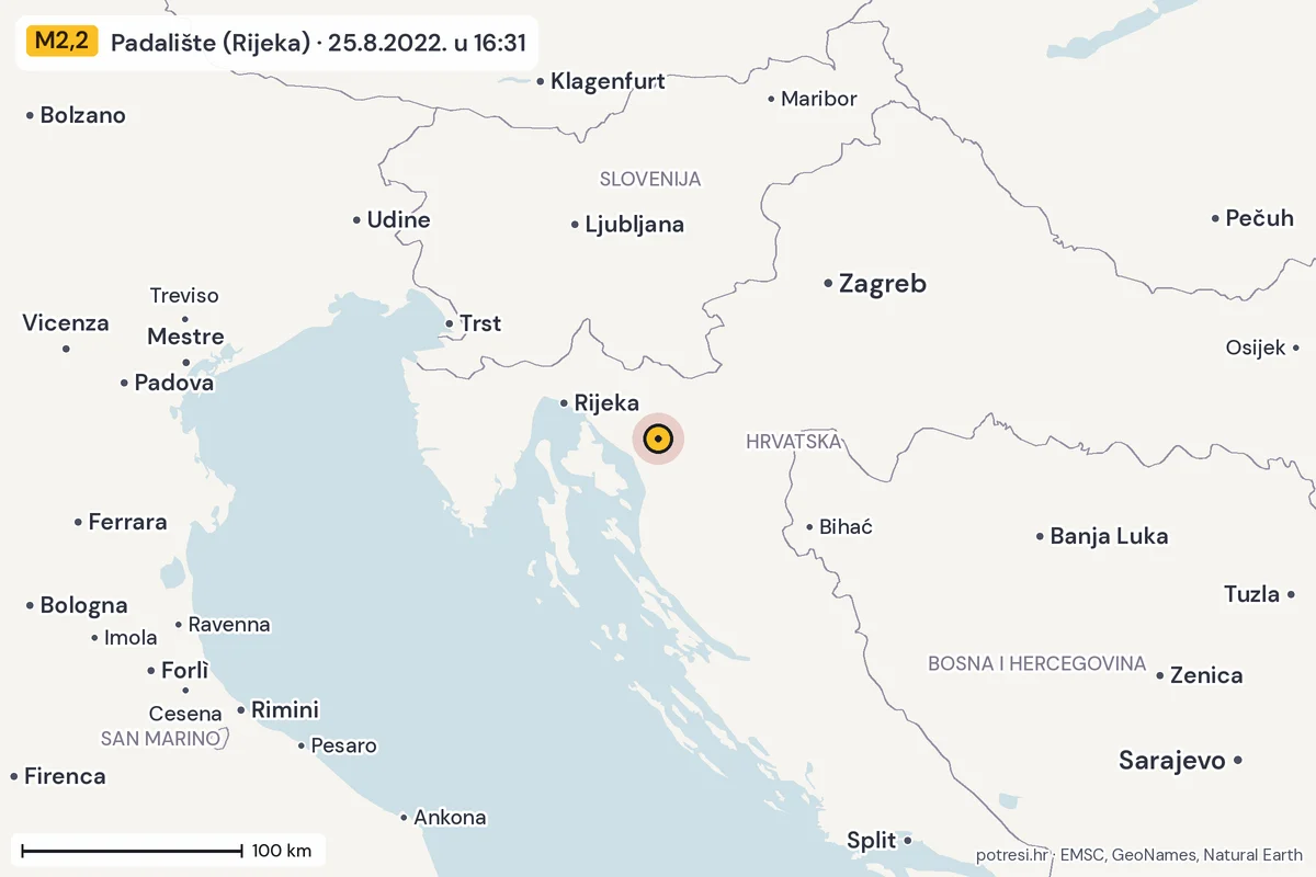 Karta: šire područje, 600 km, potres M2,2, Padalište (Rijeka), 25.8.2022.