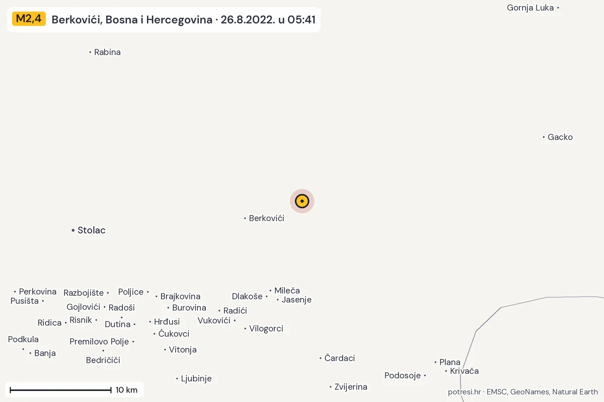 Karta: okolica epicentra, 60 km, potres M2,4, Berkovići, Bosna i Hercegovina, 26.8.2022.