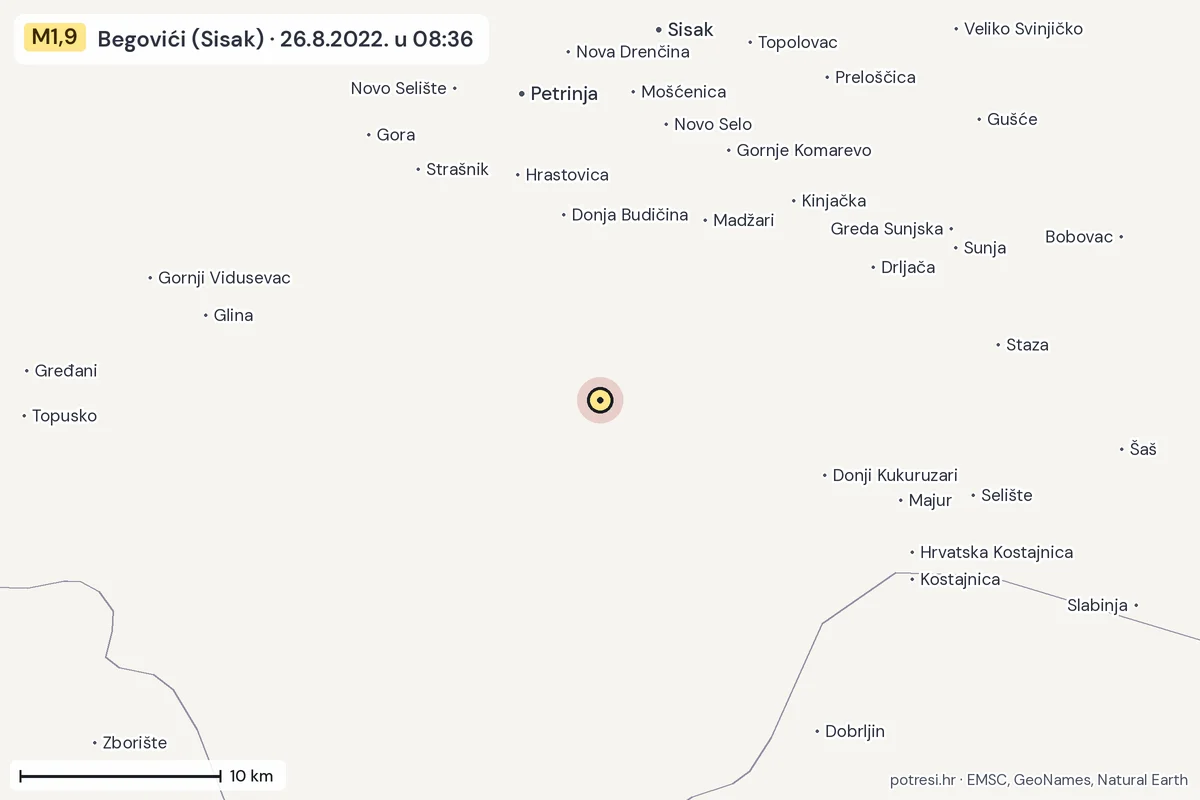 Karta: okolica epicentra, 60 km, potres M1,9, Begovići (Sisak), 26.8.2022.