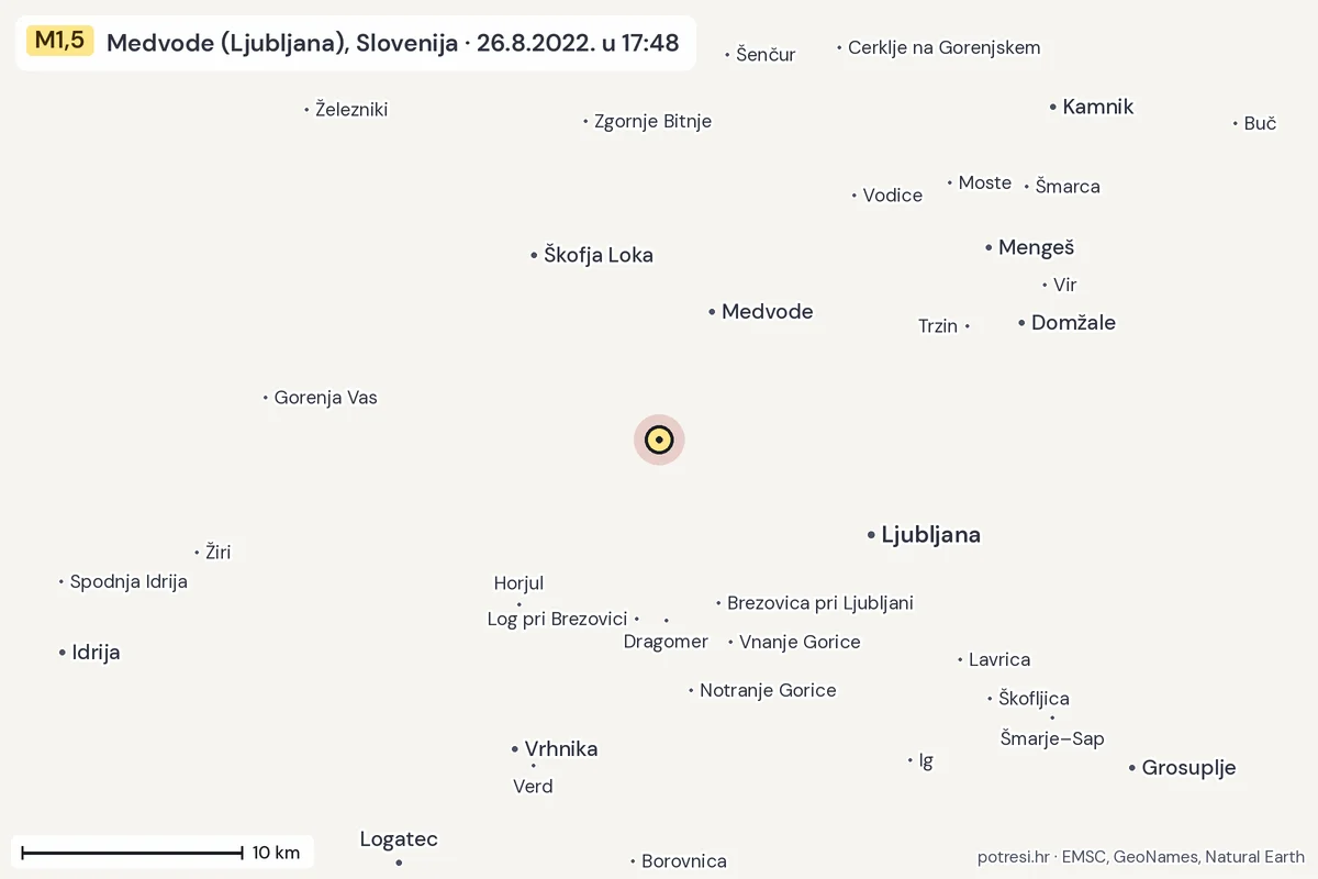 Karta: okolica epicentra, 60 km, potres M1,5, Medvode (Ljubljana), Slovenija, 26.8.2022.