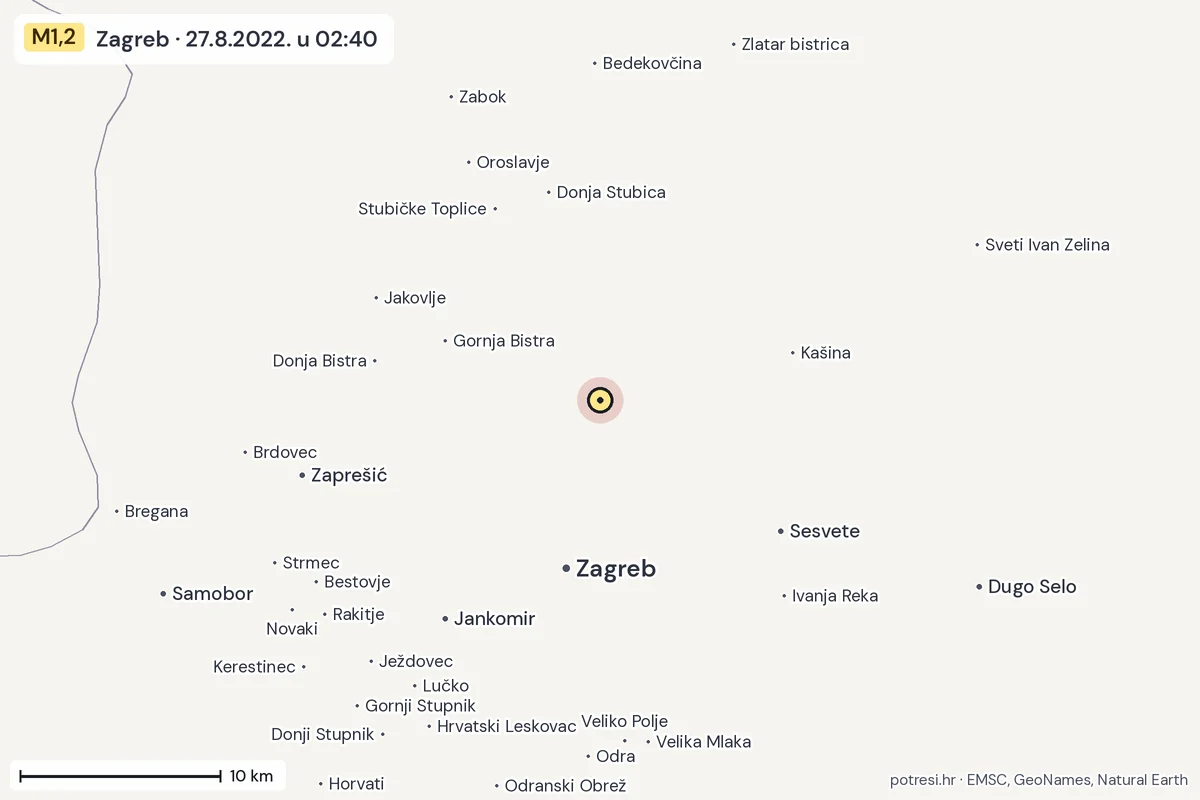 Karta: okolica epicentra, 60 km, potres M1,2, Zagreb, 27.8.2022.