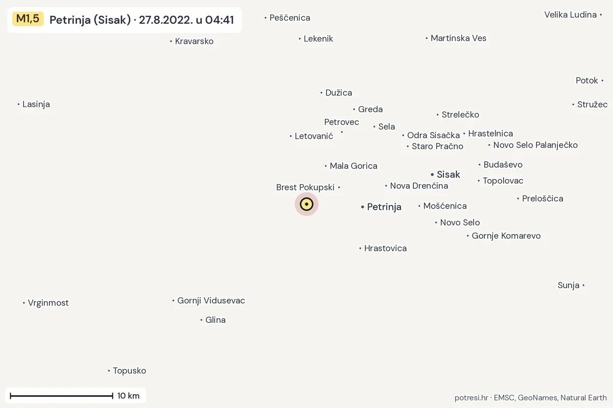 Karta: okolica epicentra, 60 km, potres M1,5, Petrinja (Sisak), 27.8.2022.